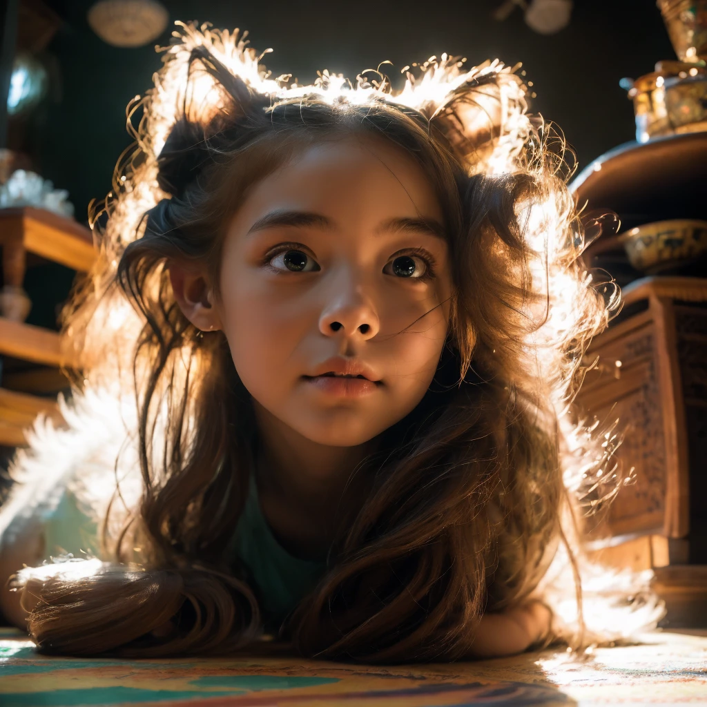 a girl exploring the rainforest with a giant cat, beautiful detailed eyes,beautiful detailed lips,extremely detailed eyes and face,longeyelashes, portrait, wildlife, lush tropical foliage, sunlight filtering through the trees, dramatic lighting, cinematic composition, realistic, photorealistic, photo-realistic:1.37, (best quality,8k,highres,masterpiece:1.2),ultra-detailed, vivid colors, dramatic lighting, cinematic composition