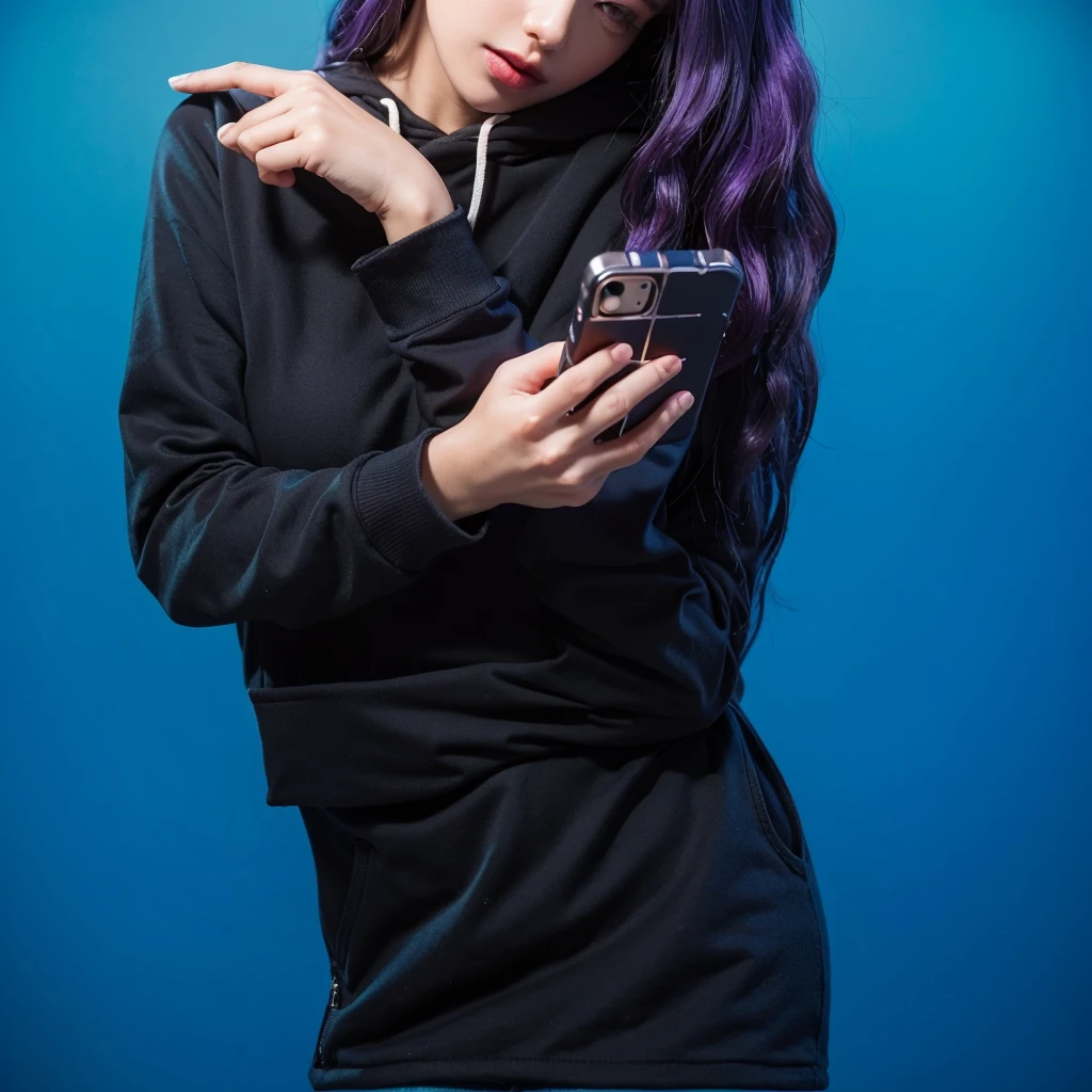 The image features a young woman with striking purple hair, wearing a cozy blue hoodie. She's engaged in using her smartphone, which she holds with a focused intensity. Her makeup is dramatic, featuring dark purple lipstick that complements her vibrant hair. The simplicity of her attire contrasts with her vivid hair and makeup, adding an intriguing layer to her appearance. The blue background complements her outfit, enhancing the overall cool tone of the image. The overall composition of the image is both eye-catching and charming, effectively conveying a sense of joy and creativity.ffects render, (glossy plastic texture with multiple big light probe refractions), perfect cgi, smooth silhouette, high intensity refraction, (super glossy plastic material), most beautiful vfx, , realistic, 4k, high resolution, rim light, smooth 3d model, multiple light sources, rim light, sharp post effects render,, realistic, 4k, high resolution, rim light detailed digital art, reflective, best quality, 4k, masterpiece:1.2, ultra-detailed, realistic, vivid colors, The image of the highest quality, ensuring every detail showcased perfectly. It in 4k resolution, allowing viewers to immerse themselves in the richness of the colors and intricate details. The realistic rendering. under the spotlight, reflecting, high-resolution image, realistic rendering