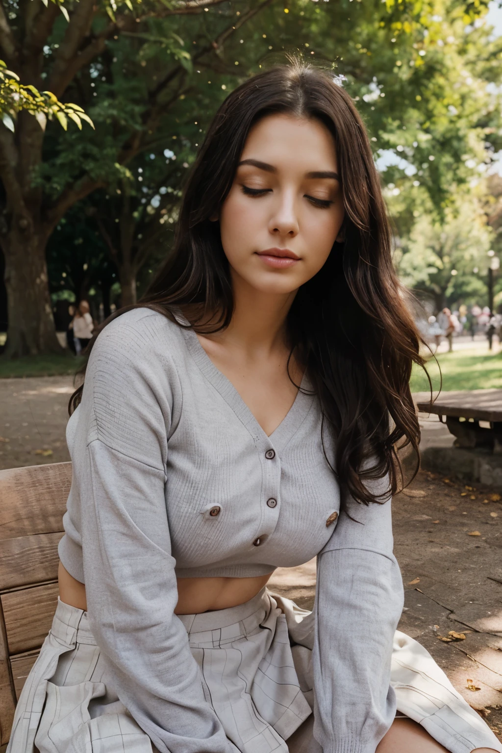 Beautiful 26 years old woman, 170cm high, 60kg weight, white skin, long curly dark hair, light gray eyes, wearing fucsia shirt with buttons, crop sweter, long skirt, park, taking a nap in a park, people sit close to the her, closed eyes, natural morning light, realistic portrait, highly detailed, analog style, deep cleavage, breast, (((nipple))), (((full body)))