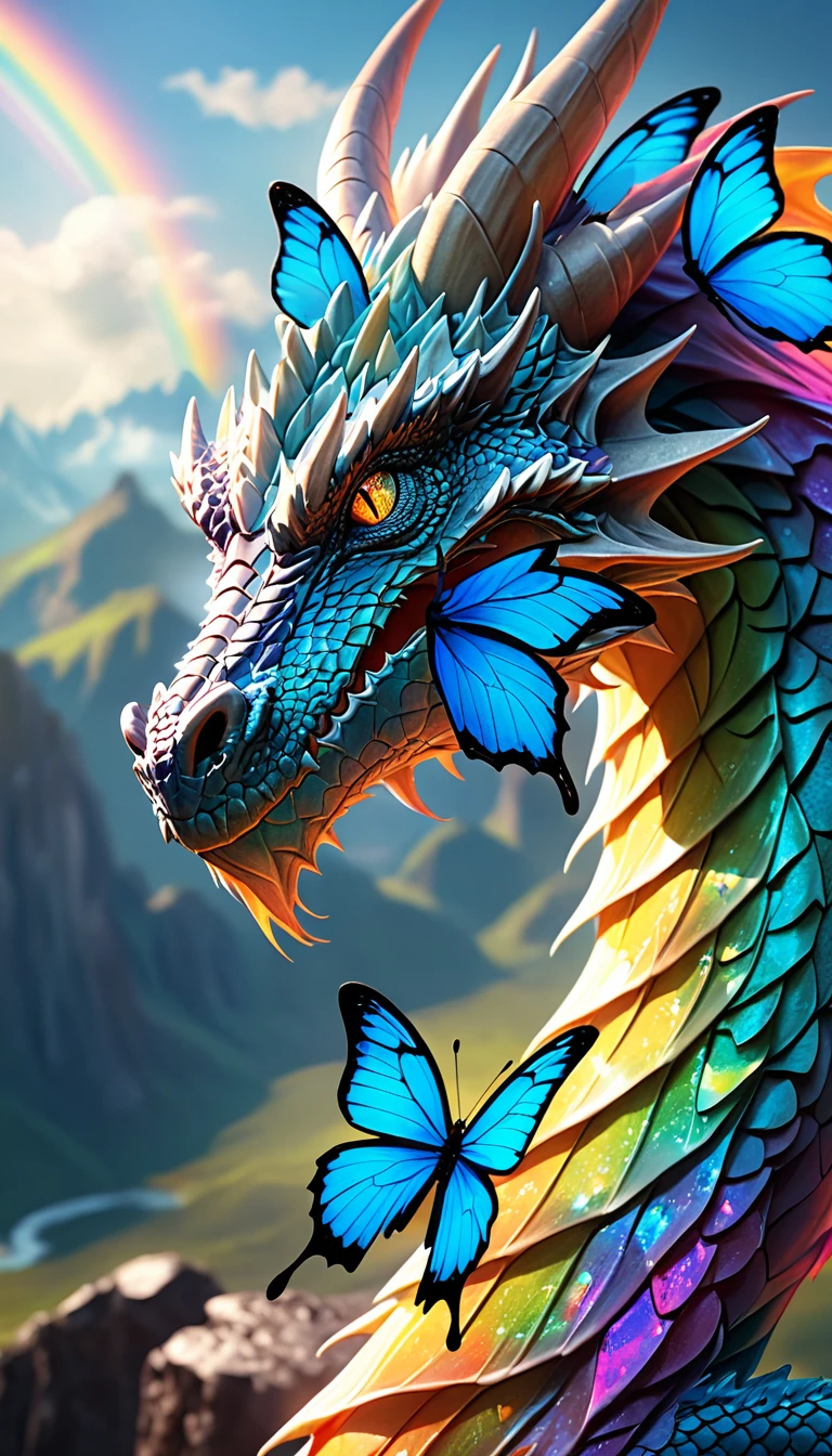 (whole body, detailed), ((Portrait of a dragon with blue butterfly wings:1.5)), photoRealistic, masterpiece: 1.2), (Highest quality, High resolution, 8K), (Realistic: 1.37), faint smoke, ultra detailed , Sharp focus, Bright Eyes, Scale and Texture, mysterious, Calm, Beautiful Landscape, Soft lighting, Vibrant colors, Rainbow and sunshine shining.16K, 超High resolution, Shining in rainbow colors、to be born,wonderful ,future、Iridescent、The world 30 years from now。