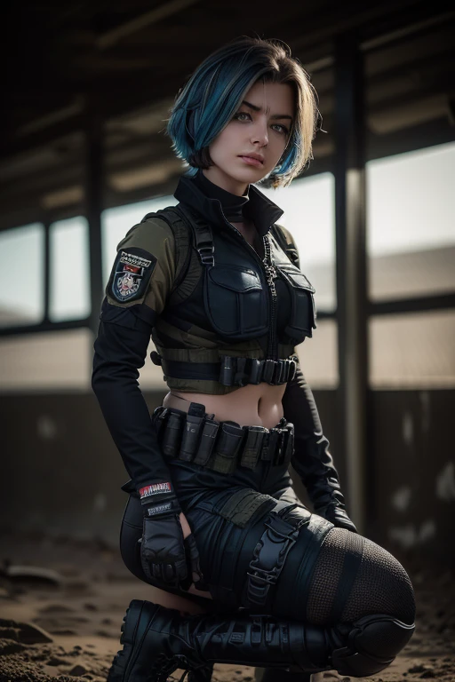 (( kate, short hair with blue highlights )), perfect hands, perfectbody, sensuous, (( Punisher MARVEL comics )), (( ballistic operational military tactical modular vest, blackw, skull printed on chest )), (( blackw ACU MILITARY UNIFORM WITH KNEE PADS )), (( military tactical half-finger paintball gloves blackw microfiber )), (( puppy tag )), (( Red Dragon Motocross Knee Pad )), (( Military Boots in Leather and Canvas Cordura Extra Light Military Tactical Bmbrasil Black )), (( Hammer PRO Belica Waist Holster ) ), Jumpy, blackw hair, shorth hair, im a blackw motorcycle kawazaki ninja,cinematic lighting, Hyper-Realism, multiple view, Nikon, multiple view, work of art, texturized skin, high resolution, 8K