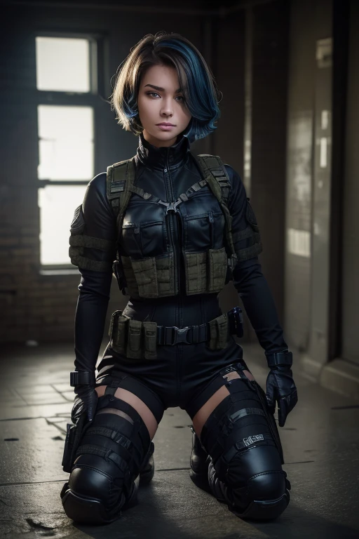 (( kate, short hair with blue highlights )), perfect hands, perfectbody, sensuous, (( Punisher MARVEL comics )), (( ballistic operational military tactical modular vest, blackw, skull printed on chest )), (( blackw ACU MILITARY UNIFORM WITH KNEE PADS )), (( military tactical half-finger paintball gloves blackw microfiber )), (( puppy tag )), (( Red Dragon Motocross Knee Pad )), (( Military Boots in Leather and Canvas Cordura Extra Light Military Tactical Bmbrasil Black )), (( Hammer PRO Belica Waist Holster ) ), Jumpy, blackw hair, shorth hair, im a blackw motorcycle kawazaki ninja,cinematic lighting, Hyper-Realism, multiple view, Nikon, multiple view, work of art, texturized skin, high resolution, 8K