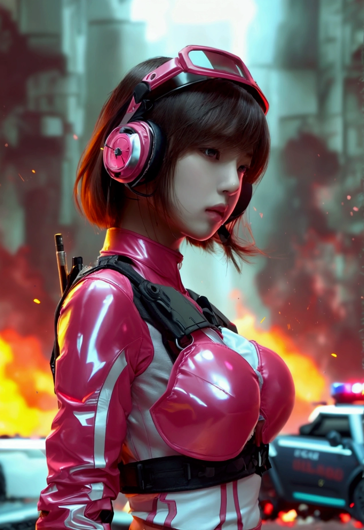 Lisa black pink,(Top Quality, Ultra High Definition, Photorealistic:1.4), (cowboy shot:1), 1 Beautiful Armed Girl, (Kpop Idol), Detailed Face, (Hair Style: long hair brown:1, fullbang, shortbob-style:1), Contrapposto, Perfect Anatomy, ((wearing Futuristic Red Police Racing Suits, Pink low-mini-skirt, police wappen, High-tech Headset, military harness, racing gloves, )), (Cloths colors based on silver pink Red white), (background, crashed cars, fire, (Explosion)),