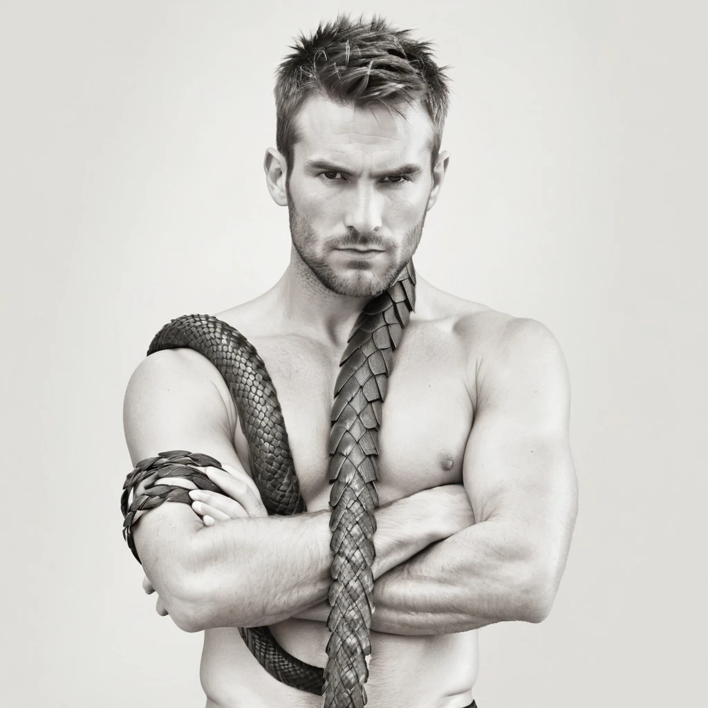 male torso, shirtless, fit, arms crossed, facing down, snake tails on head, photorealistic