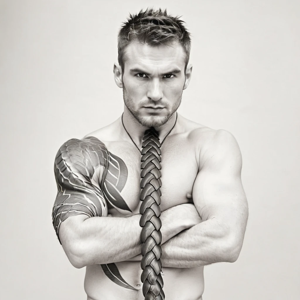 male torso, shirtless, fit, arms crossed, facing down, snake tails on head, photorealistic 