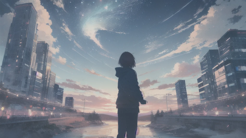 Acoustic guitar,真っ暗なnight空,Octane, star (null), scenery, Blue parakeet,Acoustic guitarは身体の前,star, night, man, Back view, Outdoor, city,river,Blue parakeet,building, cloud, 天のriver,silhouette