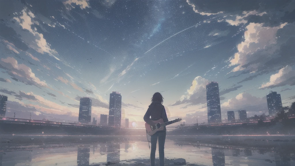 Acoustic guitar,真っ暗なnight空,Octane, star (null), scenery, Blue parakeet,Acoustic guitarは身体の前,star, night, man, Back view, Outdoor, city,river,Blue parakeet,building, cloud, 天のriver,silhouette