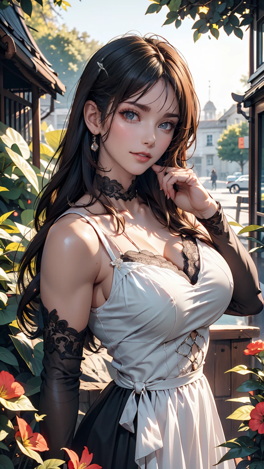 (masterpiece:1.2), (Highest quality:1.2), Perfect Eyes, Perfect Face, Perfect lighting, One girl, Mature goth girl woman standing with hands out in front of her, Long Hair, Complicated hairstyle, compensate, Black Lips, Thick eyelashes, sad, melancholy, Dressed as a goth girl, Black and white lace dress, Frills, ribbon, Puffy sleeves, Bare shoulders, Lace choker, jewelry, peaceful, quiet, Chill, Detailed outdoor background, Beautiful Landscape, Fantasy, summer, sunny, Sunburned, Flowers, wood  