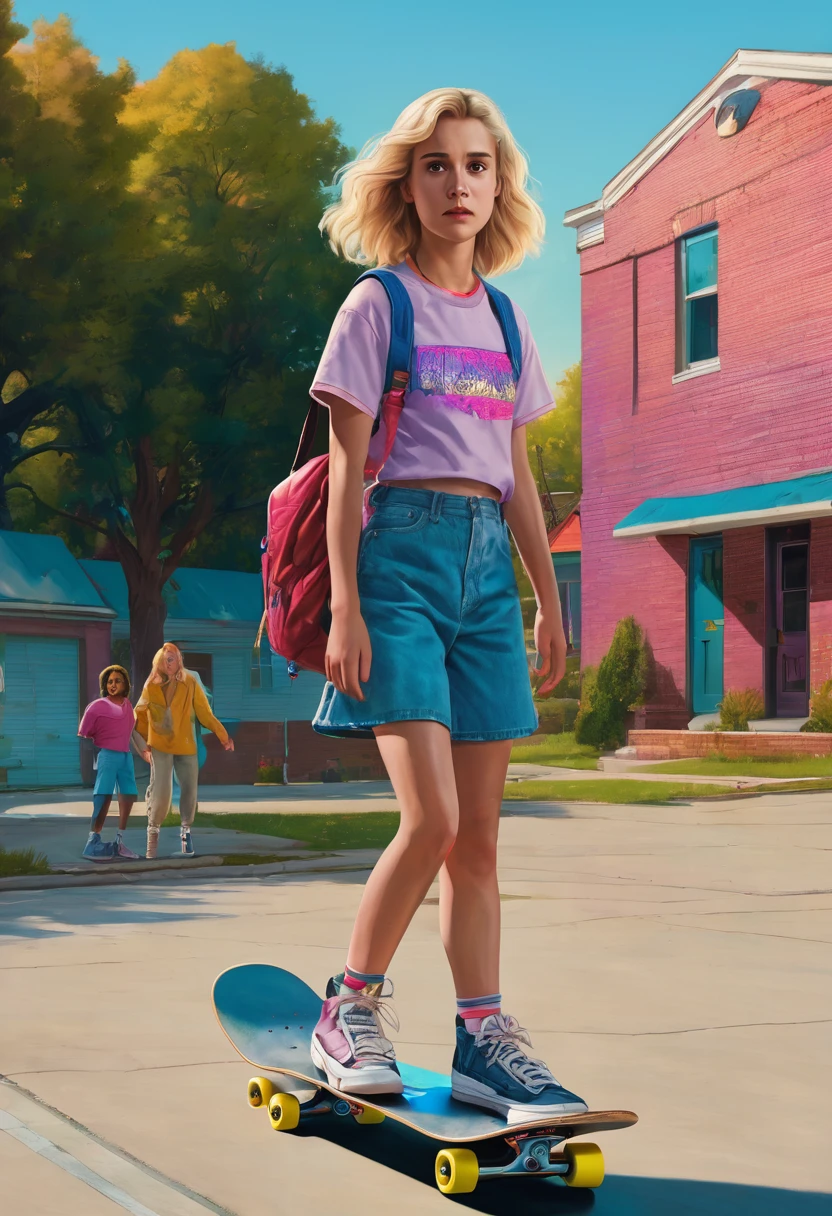 A girl with blond hair, 90s closeths, a skate in right hand. In background, a stranger things scenario