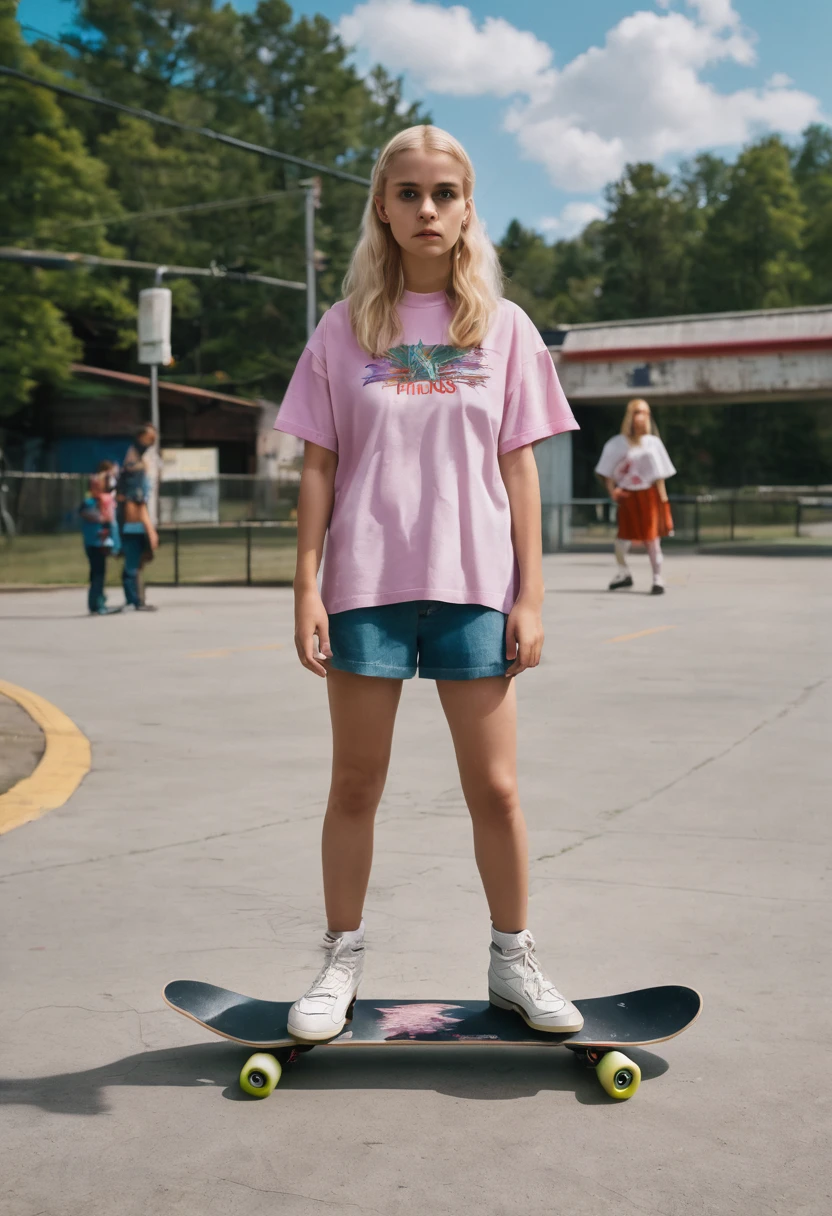 A girl with blond hair, 90s closeths, a skate in right hand. In background, a stranger things scenario