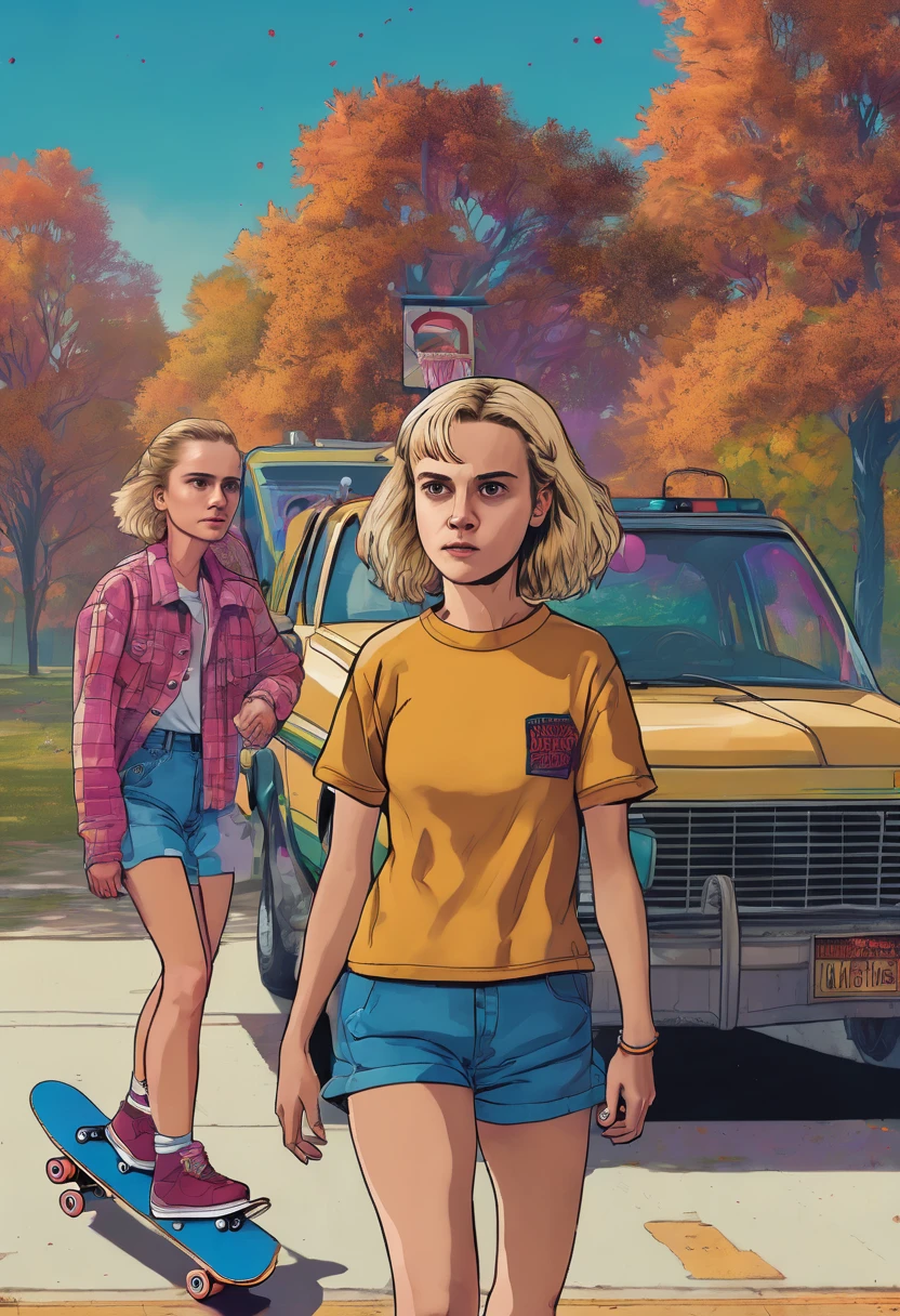 A girl with blond hair, 90s closeths, a skate in right hand. In background, a stranger things scenario 