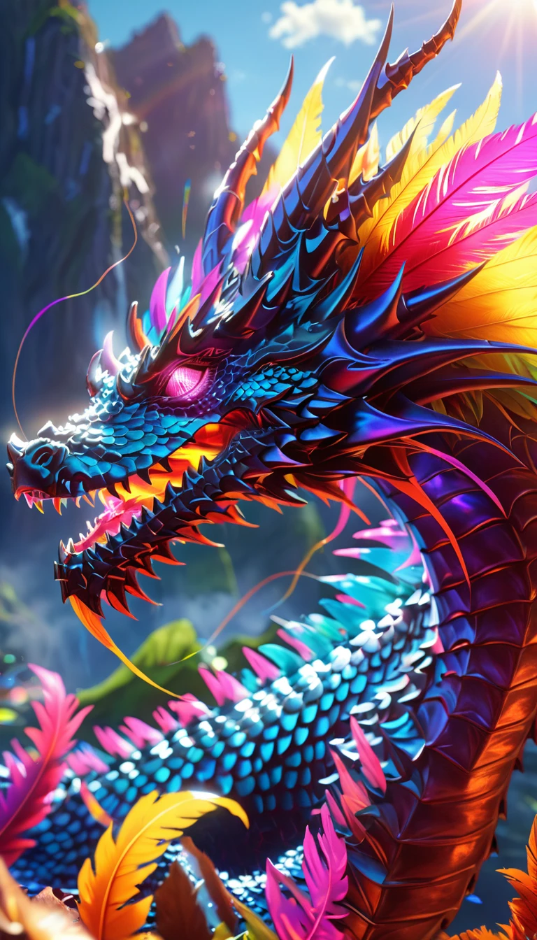 Fantasy、Fantasy、(whole body, detailed), ((Portrait of a dragon with colorful feathers:1.5)), photoRealistic, masterpiece: 1.2), (Highest quality, High resolution, 8K), (Realistic: 1.37), faint smoke, ultra detailed , Sharp focus, Bright Eyes, Scale and Texture, mysterious, Calm, Beautiful Landscape, Soft lighting, Vibrant colors, Rainbow and sunshine shining.16K, 超High resolution, Shining in rainbow colors、to be born,wonderful ,future、Iridescent、The world 30 years from now。
