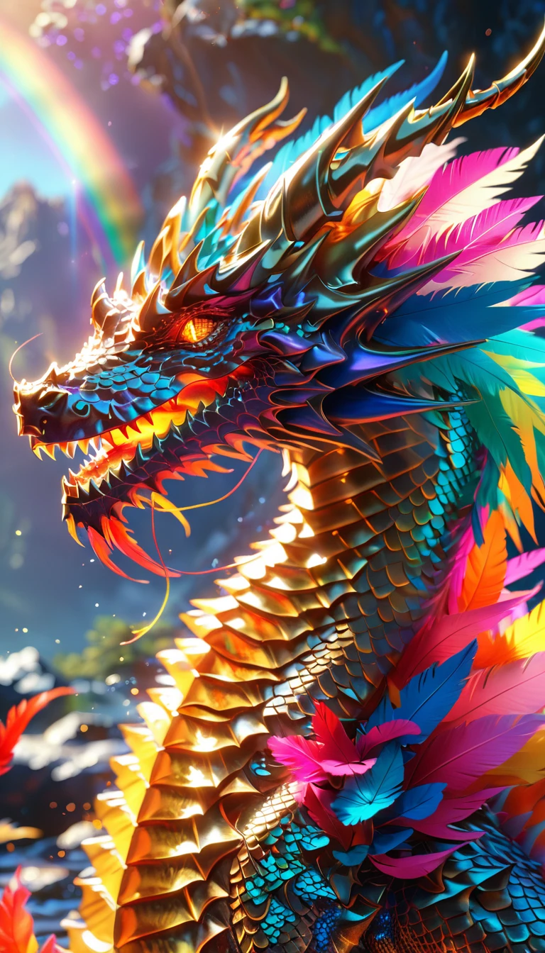 Fantasy、Fantasy、(whole body, detailed), ((Portrait of a dragon with colorful feathers:1.5)), photoRealistic, masterpiece: 1.2), (Highest quality, High resolution, 8K), (Realistic: 1.37), faint smoke, ultra detailed , Sharp focus, Bright Eyes, Scale and Texture, mysterious, Calm, Beautiful Landscape, Soft lighting, Vibrant colors, Rainbow and sunshine shining.16K, 超High resolution, Shining in rainbow colors、to be born,wonderful ,future、Iridescent、The world 30 years from now。

