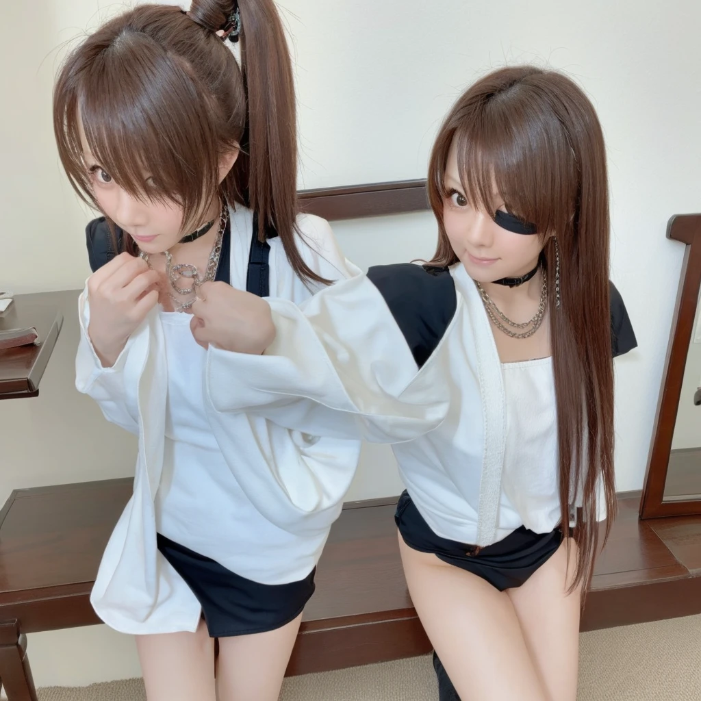 ((Highest quality)), ((masterpiece)), (detailed), 　40 years old,Bun Hair　Hands in chains　Japanese women　Black bra　Tight Skirt　potbelly　Blindfold　gag　Cuckold　Rope on chest　Panty shot　Leg spread　