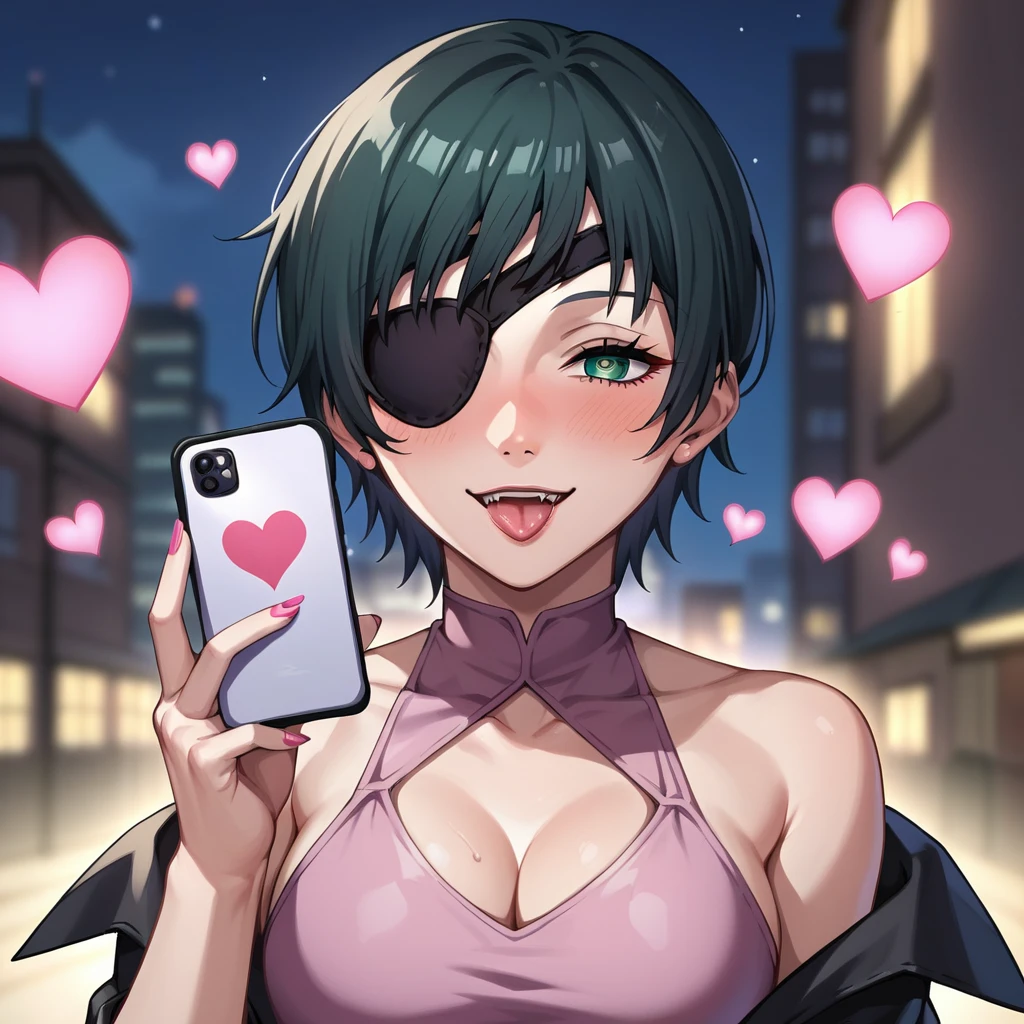 mature female, mature, Adult, himeno, himeno(Chainsaw Man), POV, 1girl, black hair, short hair, eyepatch, solo, hypnosis, brainwashed, blush, phone, heart, eye symbol, rating_questionable, naughty face, seductive smile, nsfw, Villains, chest, View your audience, Night town, City, skyscraper, Night, Dark, latex pink leotard under the black cape, masterpiece, Top animation quality，Top image quality,