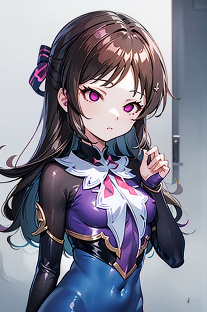 Draw a face carefully High quality anime style faces Super shiny skin Black and purple leotard with red trim Pink Pantyhose Succubus Lure smile Rear View