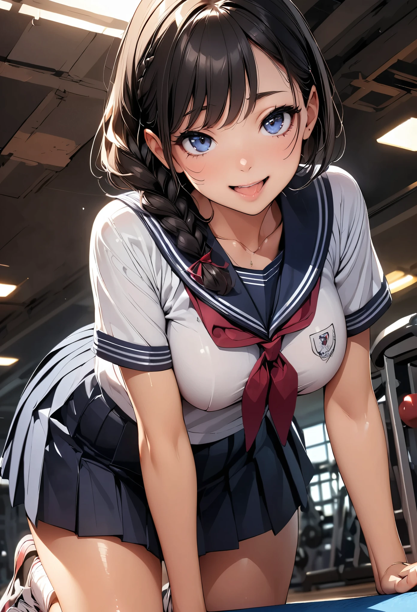 (Highest quality:1.2, Very detailed, Digital illustration, High Detail, masterpiece:1.2, Highest quality, Best aesthetics), (((1 Girl))), JK, Sailor suit, Pleated skirt, Open your mouth:1.2, Showing tongue, smile, (Black Hair, Braid), Dynamic Angle, Friendly atmosphere, Beautiful Hair, Shiny Hair, Beautiful Skin, Detailed face and eyes, Glossy Lips, Curvy Women, On all fours:1.2, gym, Looking up, Accurate fingering, Light and shadow with attention to detail, Background Blur.