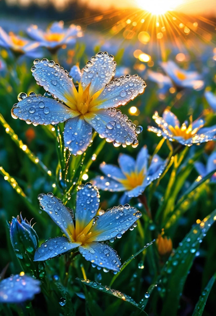 The first rays of sunlight in the morning，Dew on flowers，(sunrise)，Beautiful picture，HD Wallpapers