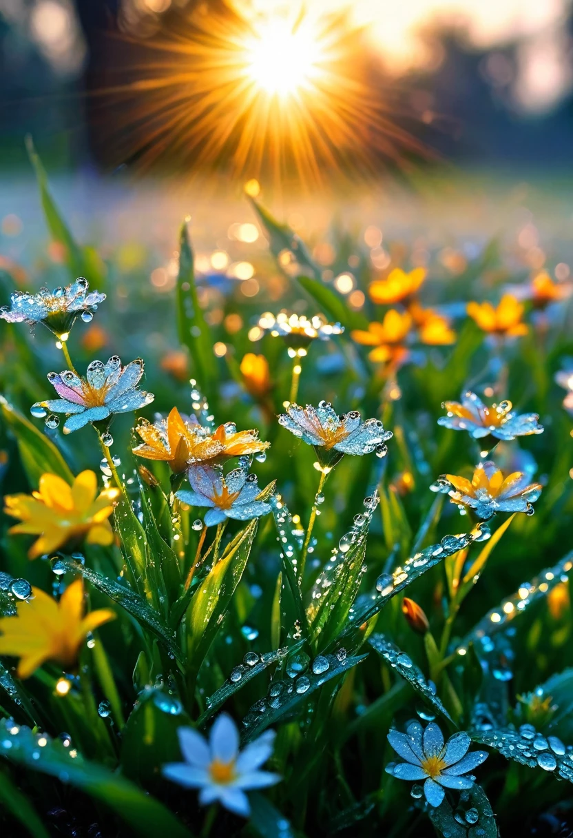 The first rays of sunlight in the morning,Dew on flowers,(sunrise),Beautiful picture,HD Wallpapers