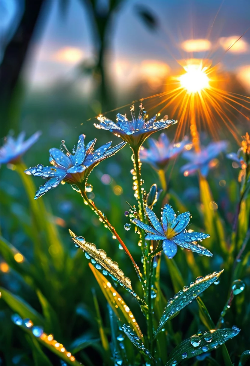 The first rays of sunlight in the morning，Dew on flowers，(sunrise)，Beautiful picture，HD Wallpapers