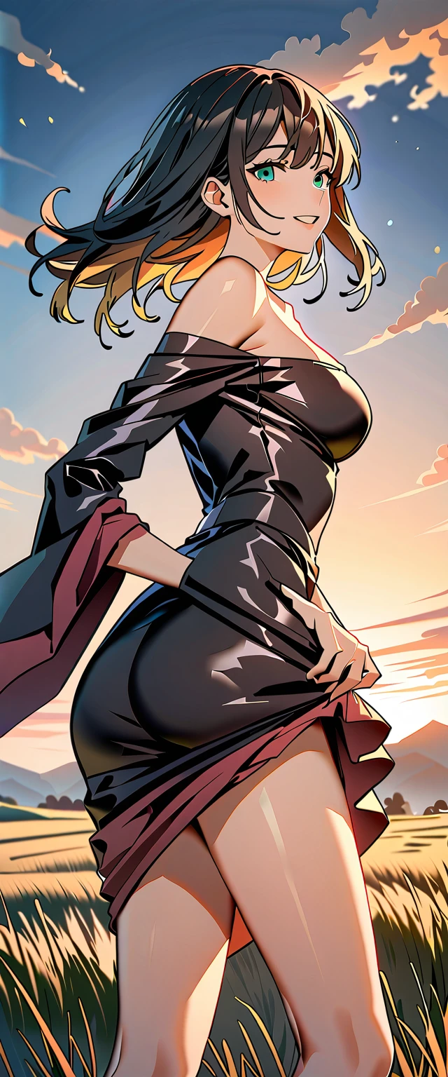Photo of a woman with natural skin, grassland, Cowboy Shot, Dynamic pose, Smiling, High Twintails, Black hair with red mesh, Sharp eyes with red eyeshadow, Shining eyes, A thin, upturned nose, Well-shaped lips, ((Black off-the-shoulder dress, Thin shoulder straps)), barefoot, Makeup, Exquisitely crafted with the utmost attention to detail, Vibrant, amazing, Smooth, Cinematic, 4K, Backlight, ((綺麗な星空が見える広いgrassland)), Shallow depth of field, ((Detailed eyes:1.3, Detailed lips:1.3, high quality, )), masterpiece, Super detailed images, High quality