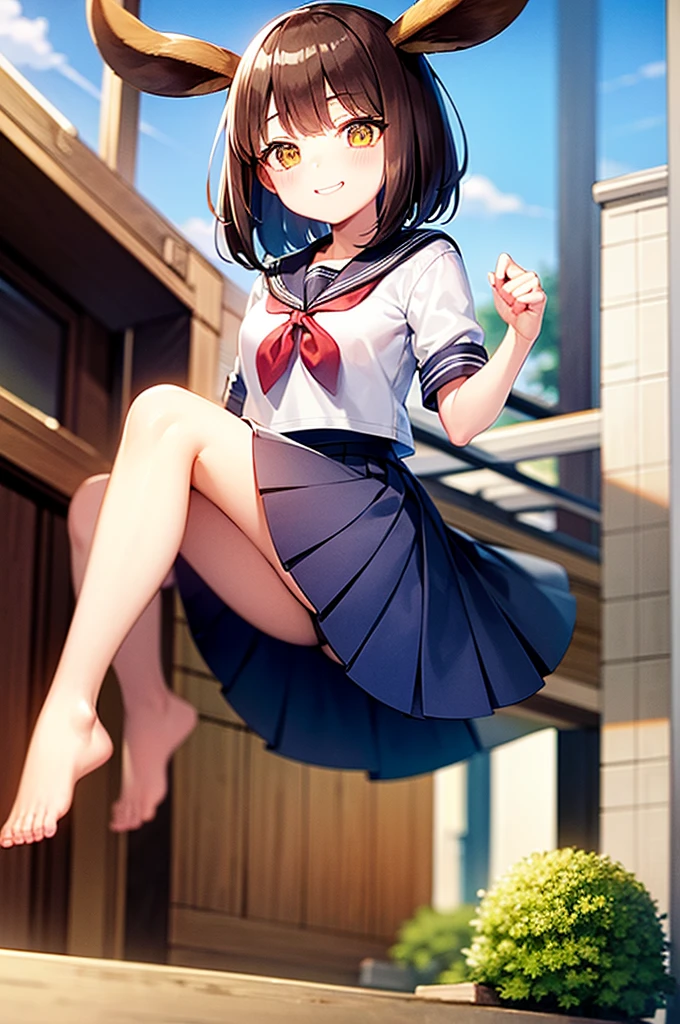 masterpiece, Highest quality, Brown haired beautiful girl、high school girl16age、big eyes(Yellow Eyes)、bob cut、Has deer antlers growing from his head、Sailor suit(white)、scarf(light blue)、Thighs、smug face、smug、Duck mouth、Pleated mini skirt、jumping(1.3)、from be low、School Garden、sunny、morning、miduam weight.、Head to Knee、From below