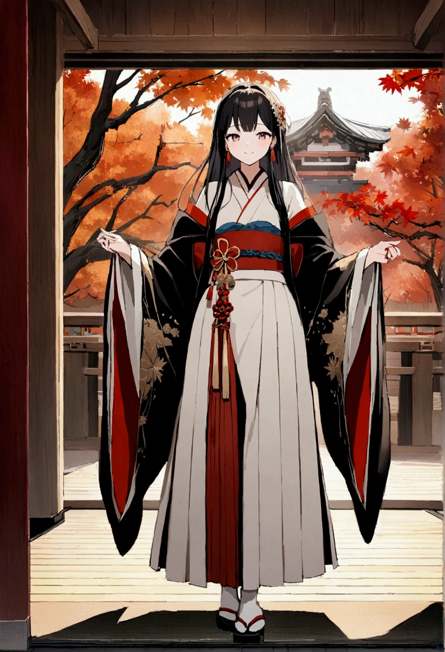 （Elegant and mysterious，身穿kimono的女性、Long hair，（kimono，White tabi socks and clogs），shrine，shrine的少女，Gentle smile，美丽的shrine风景，autumn,maple，Anime Background，Japanese art style，Fallen Leaves，Look at the audience，（original photo，best quality）