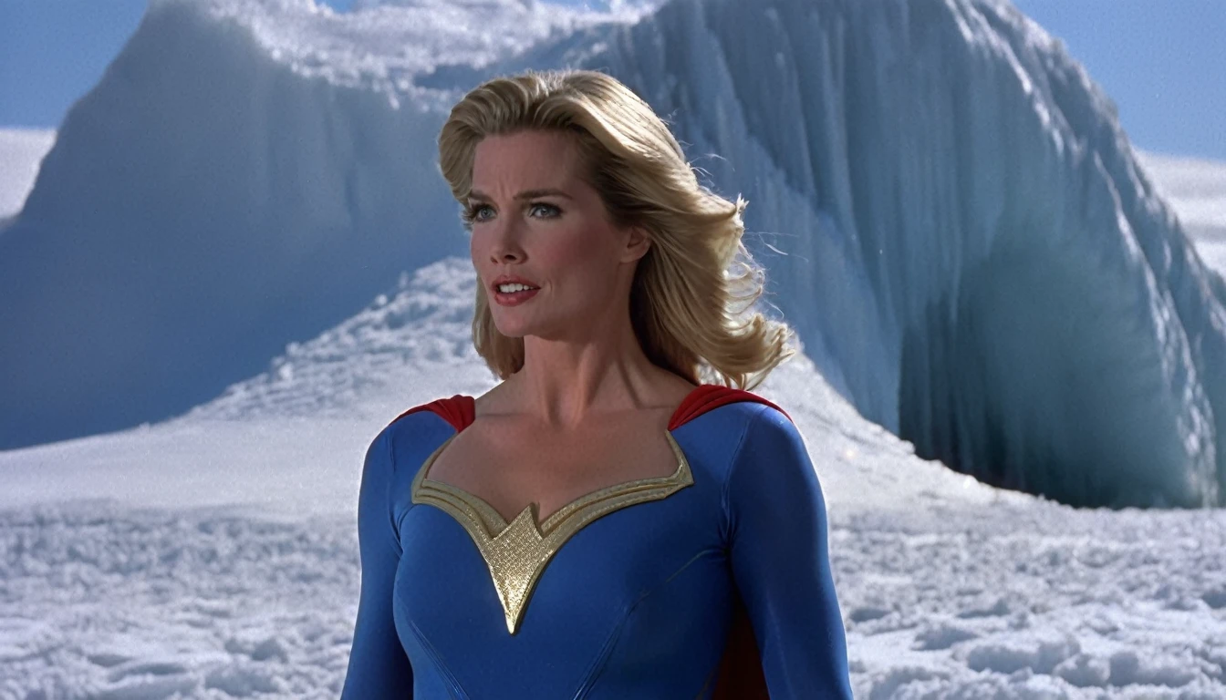 Fortress of Solitude (south pole) place; strong Julie Hagerty Supergirl 1984s take off; big and strong breasts. HD. Photograph, ((realism)), extremely high quality RAW photograph, ultra detailed photograph, sharp focus, high resolution, (detailed skin:1,3),high quality, film grain, Fujifilm XT3,Highly Detailed, movie, (Cinematic Photo:1.3) of (Realistic:1.3)