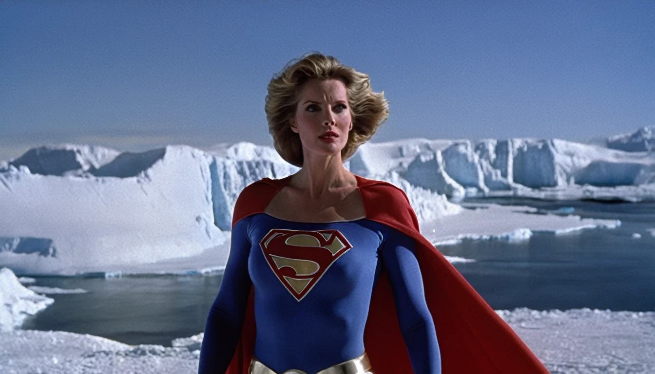 Fortress of Solitude (south pole) place; strong Julie Hagerty Supergirl 1984s take off; big and strong breasts. HD. Photograph, ((realism)), extremely high quality RAW photograph, ultra detailed photograph, sharp focus, high resolution, (detailed skin:1,3),high quality, film grain, Fujifilm XT3,Highly Detailed, movie, (Cinematic Photo:1.3) of (Realistic:1.3)