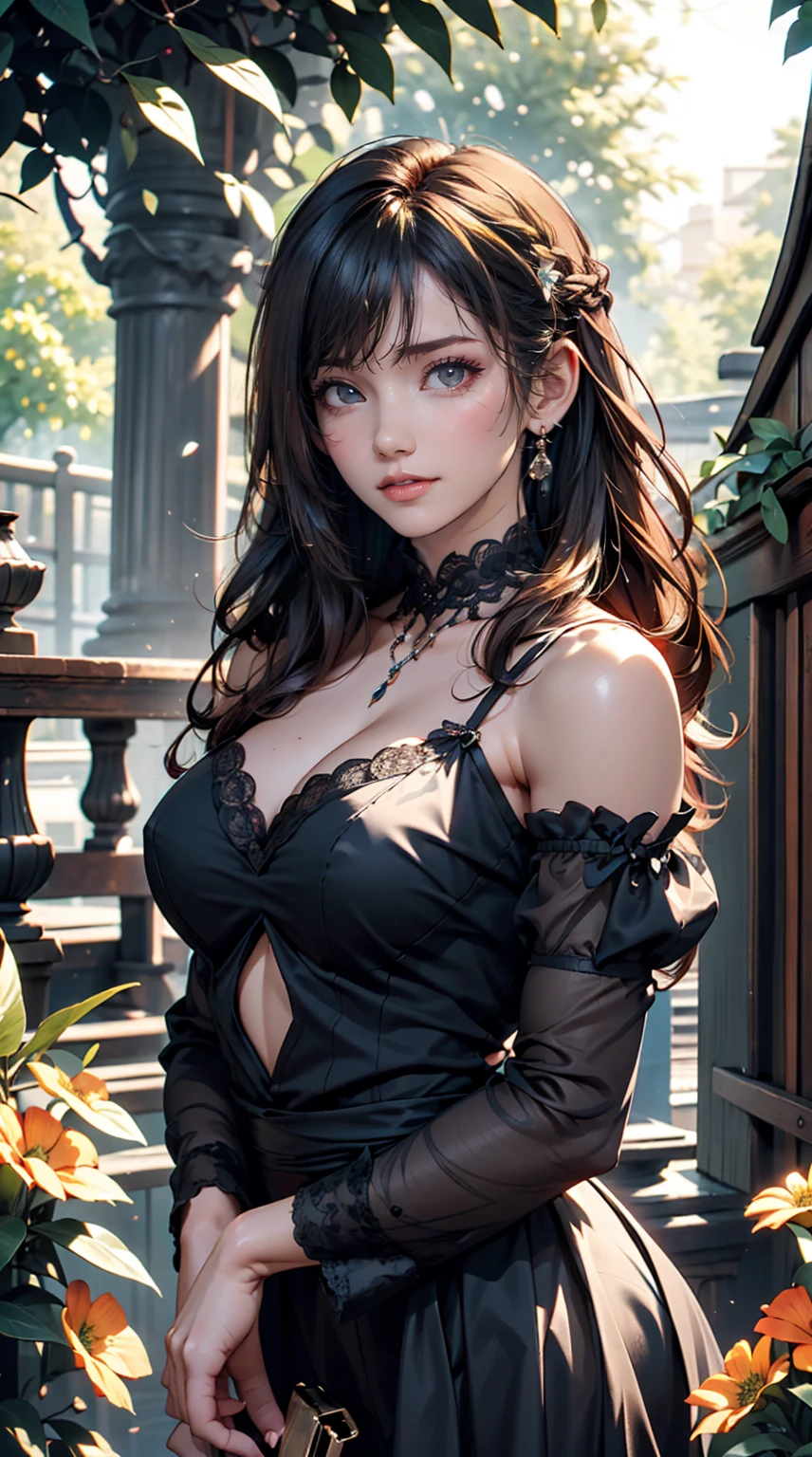 (masterpiece:1.2), (Highest quality:1.2), Perfect Eyes, Perfect Face, Perfect lighting, One girl, Mature goth girl woman standing with hands out in front of her, Long Hair, Complicated hairstyle, compensate, Black Lips, Thick eyelashes, sad, melancholy, Dressed as a goth girl, Black and white lace dress, Frills, ribbon, Puffy sleeves, Bare shoulders, Lace choker, jewelry, peaceful, quiet, Chill, Detailed outdoor background, Beautiful Landscape, Fantasy, summer, sunny, Sunburned, Flowers, wood  
