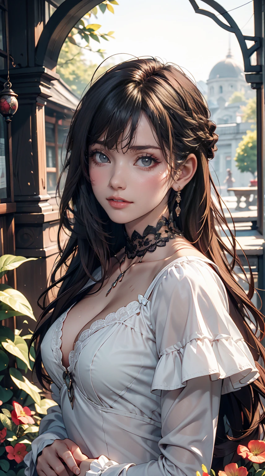 (masterpiece:1.2), (Highest quality:1.2), Perfect Eyes, Perfect Face, Perfect lighting, One girl, Mature goth girl woman standing with hands out in front of her, Long Hair, Complicated hairstyle, compensate, Black Lips, Thick eyelashes, sad, melancholy, Dressed as a goth girl, Black and white lace dress, Frills, ribbon, Puffy sleeves, Bare shoulders, Lace choker, jewelry, peaceful, quiet, Chill, Detailed outdoor background, Beautiful Landscape, Fantasy, summer, sunny, Sunburned, Flowers, wood