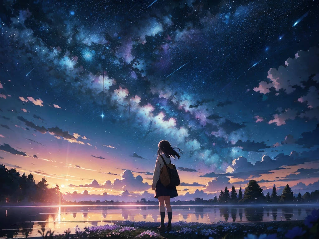 masterpiece, Concept Art, Panorama, figure, Wide Shot, One girl, Are standing, cliff, Flower Field, night, (Meteors), Space galaxy background, (A magnificent composition, Epic proportions), Dynamic Lighting, 鮮やかなcolor, makoto shinkai, Your name is inspiration, High quality , landscape, Animated train passing through water on the tracks, Bright starry sky. break Romantic train, Pixiv, Concept Art, Lofi Art style, reflection. by Makoto Shinkai, Lofi Art, Beautiful anime scene, break Anime landscape, detailedなlandscape, in Makoto Shinkai's Style, Makoto Shinkai's Style, 強化されたdetailed, break,detailed,Realistic,4K の非常にdetailedなデジタルアート,Octane Rendering, Bioluminescent, break 8K resolution Concept Art, realism,Mappa Studio,masterpiece,Highest quality,Official Art,figure,Clear lines,(nice_color),Perfect composition,Absurd, Fantasy,Concentration