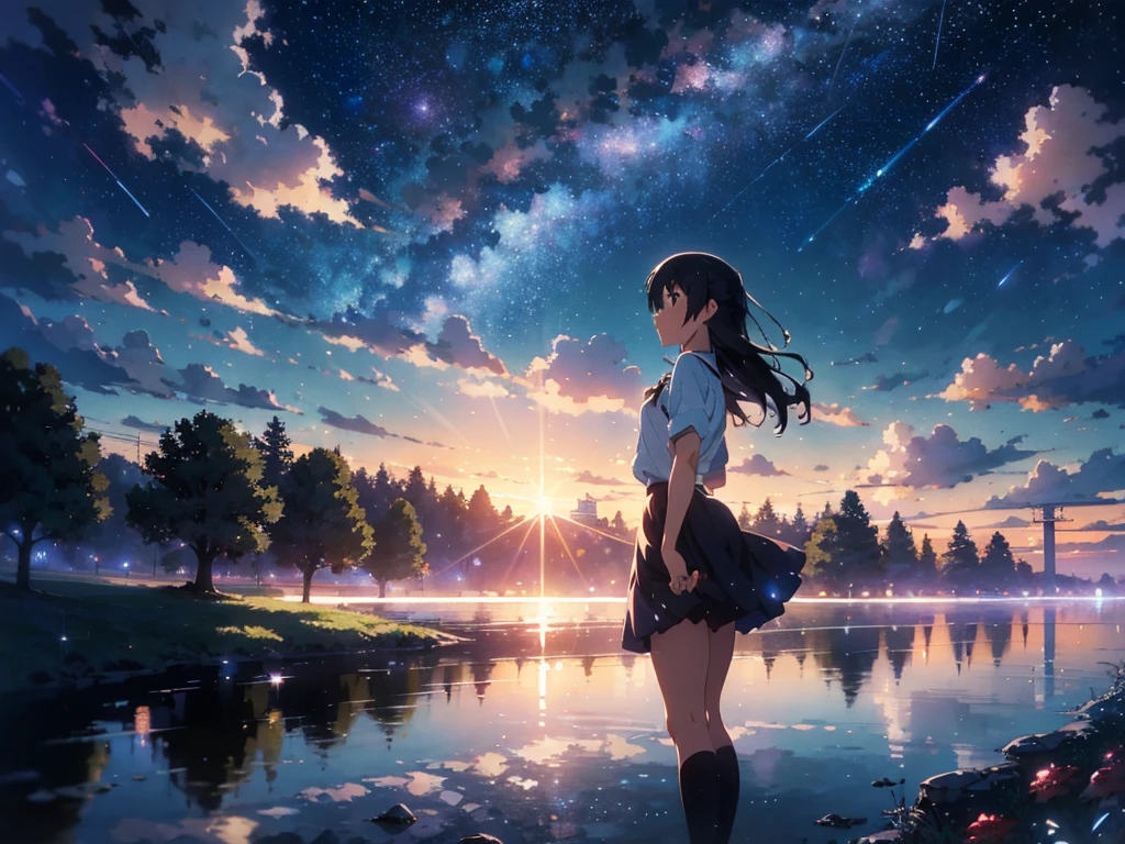 masterpiece, Concept Art, Panorama, figure, Wide Shot, One girl, Are standing, cliff, Flower Field, night, (Meteors), Space galaxy background, (A magnificent composition, Epic proportions), Dynamic Lighting, 鮮やかなcolor, makoto shinkai, Your name is inspiration, High quality , landscape, Animated train passing through water on the tracks, Bright starry sky. break Romantic train, Pixiv, Concept Art, Lofi Art style, reflection. by Makoto Shinkai, Lofi Art, Beautiful anime scene, break Anime landscape, detailedなlandscape, in Makoto Shinkai's Style, Makoto Shinkai's Style, 強化されたdetailed, break,detailed,Realistic,4K の非常にdetailedなデジタルアート,Octane Rendering, Bioluminescent, break 8K resolution Concept Art, realism,Mappa Studio,masterpiece,Highest quality,Official Art,figure,Clear lines,(nice_color),Perfect composition,Absurd, Fantasy,Concentration
