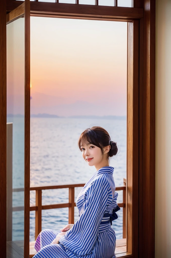 (natta:1.7), East Asian Architecture, 1womanl,Sitting on tatami mats, brunette color hair,(hair between eye), Lip flap, ,Beautiful fingers,Beautiful long legs,Beauty Body,Cute nose,Beautiful character design,perfect eyes,face perfect,looking at viewert,(Innocent_Big_Eyes:1.0),(light_Smile:0.3),offcial art,Very detailed CG Unity 8K wallpaper,Perfect litthing,highly colorful,Bright_front_Face_Lighting,(tmasterpiece:1.0),(best_quality:1.0), 超A high resolution,4K,ultra - detailed, photography of, 8K, nffsw, hight resolution, absurderes:1.2, Kodak Portra 400, film grains, the background is blurred, Bokeh:1.2, Lens Flare Glow, ( Vibrant_Color:1.2) (Beautiful,Large_breasts:1.4), (Beautiful_Face:1.5),(narrow_waist-up),8K,Raw photo, 、Relax at a ryokan in Japan、The background is the open-air bath at night at a hot spring inn (Girls are not subjects:1.3) (Hair after a bath:1.3),(Hair is wet:1.3) ((Girls are not subjects:1.2))((Draw a wide night background:1.2),((Yukata with light blue stripes isolated on white background:1.3)),(Yukata does not need gloss at all:1.5)),((No need for a Korean yukata or Korean-style hairstyle.:1.5)),((Faithfully and realistically reproduce a pure Japan yukata:1.5))((Light Pink Band:1.3)),((The background is the entrance living room、At night, Overlooking the inn's large and beautiful gardens..:1.3)),((8th class))、((Light Pink Band:1.5)) ((Beautiful shiny straight short long:1.5)) sixteen years old、((Beautiful shiny straight short long:1.5))((Pink Band))、((The color of the band is pink:1.3),(Faithfully and realistically reproduce the obi of a yukata:1.3) ((Faithfully and realistically reproduce a pure Japan yukata:1.5)),((Walking through the corridors of the inn at night:1.3))a sense of depth、Night Hostel There are small lights and flowers in the hallway. (When you open a window, You can see a beautiful sunset outside.:1.3)