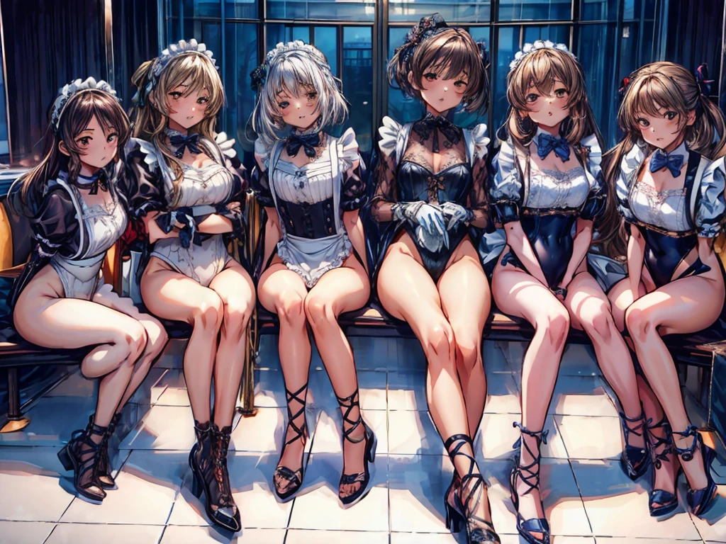 (Perfect Anatomy:1.2, Highest quality),(Maid leotard details:1.6),(Five Girls:1.6),Long Hair:1.5, (Short sleeve, Thighs,Maid Cufflinks),,Hypno Lola, Hollow Eyes,High heel lace-up boots,Dark aura,(Leotrad),,From below,love for viewers,Look down,(whole body:1.4),Show Viewer, Rubble pile