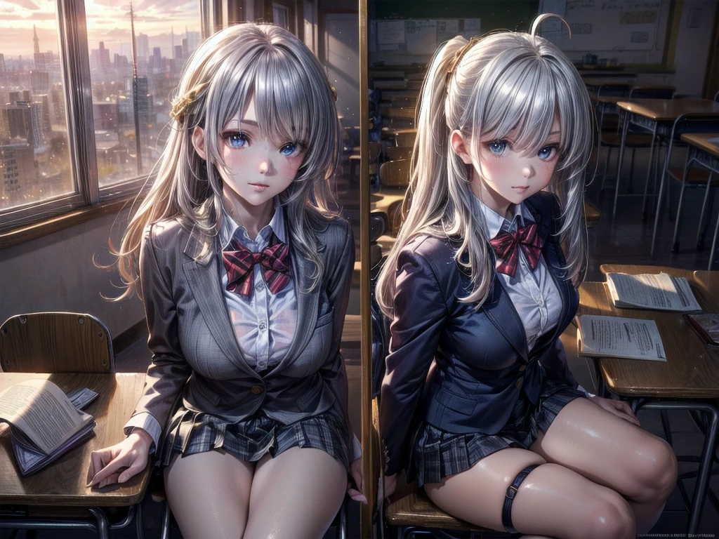 (masterpiece:1.3, Highest quality, Ultra-high resolution, Super detailed), (Realistic, photoRealistic:1.4), Beautiful illustrations, Perfect lighting, Natural light, Depth of written boundary, , Beautiful detailed hair, Beautifully detailed face, Beautiful attention to detail, Beautiful clavicle, Beautiful body, Beautiful breasts, Beautiful thighs, Beautiful feet, Beautiful Hands, View your viewers, (Face Focus), 1 Girl, high school girl, Alisa Kujou, (Perfect Anatomy, Anatomically correct), Cute and symmetrical face, Baby Face, Perfect Face, Perfect Eyes, Shiny skin, (Long Hair, Straight hair, Sideburns, Silver Hair), Crossed bangs, Ahoge, blue eyes, Slanted Eyes, Long eyelashes, (Medium chest, Captivating thighs), thin, Excellent style, (school uniform, Long sleeve light brown blazer, Grey vest, Grey pleated skirt with white lines, White collared shirt, White thigh-high socks with gold lines), Red bow tie, (Beautiful views), evening, (School classroom:1.2), (Cute smile, Part your lips),