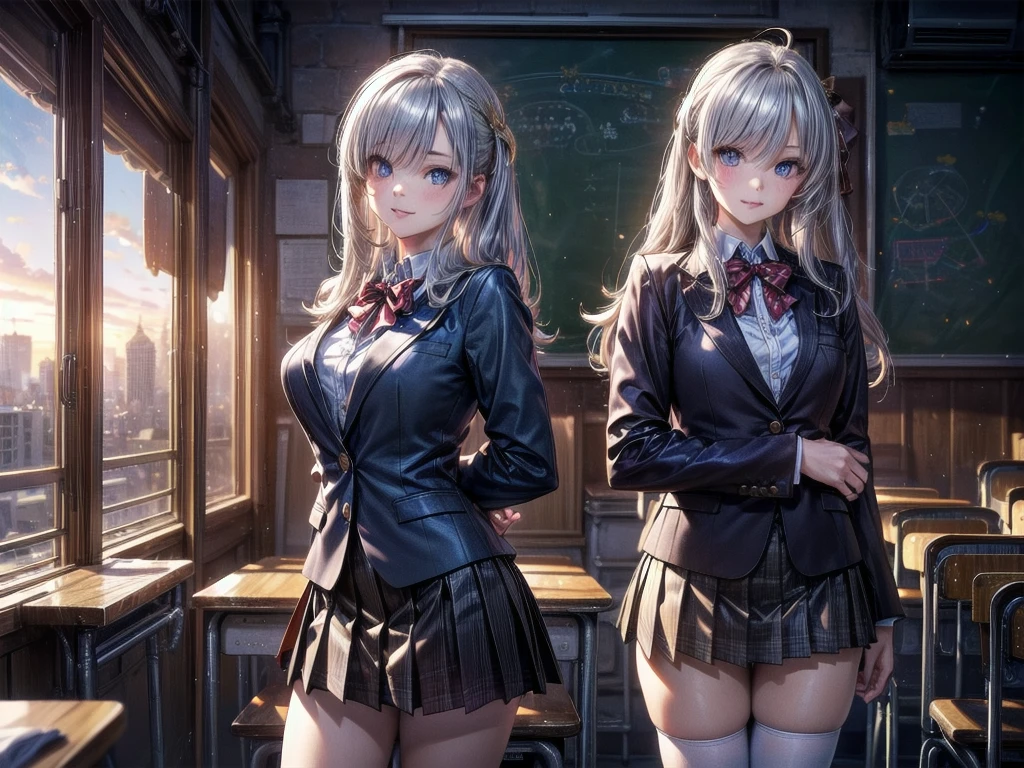 (masterpiece:1.3, Highest quality, Ultra-high resolution, Super detailed), (Realistic, photoRealistic:1.4), Beautiful illustrations, Perfect lighting, Natural light, Depth of written boundary, , Beautiful detailed hair, Beautifully detailed face, Beautiful attention to detail, Beautiful clavicle, Beautiful body, Beautiful breasts, Beautiful thighs, Beautiful feet, Beautiful Hands, View your viewers, (Face Focus), 1 Girl, high school girl, Alisa Kujou, (Perfect Anatomy, Anatomically correct), Cute and symmetrical face, Baby Face, Perfect Face, Perfect Eyes, Shiny skin, (Long Hair, Straight hair, Sideburns, Silver Hair), Crossed bangs, Ahoge, blue eyes, Slanted Eyes, Long eyelashes, (Medium chest, Captivating thighs), thin, Excellent style, (school uniform, Long sleeve light brown blazer, Grey vest, Grey pleated skirt with white lines, White collared shirt, White thigh-high socks with gold lines), Red bow tie, (Beautiful views), evening, (School classroom:1.2), (Cute smile, Part your lips),