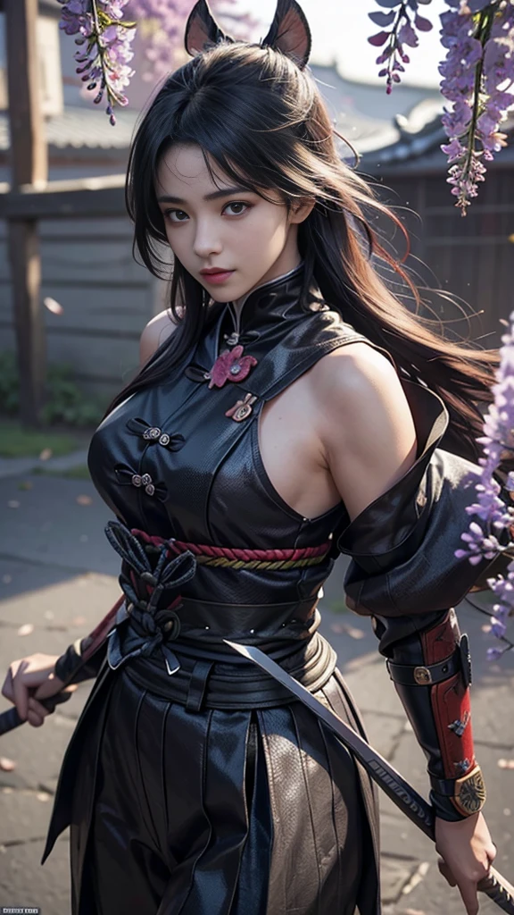 Realistic, Super detailed, High resolution, highest quality, Super detailedな,1 Female , Official Art, unity 8k wallpaper, Super detailed, beautiful and aesthetic, beautiful, masterpiece,( Super busty breasts:1.8,Small waist)、Glowing Skin,masterpiece, wonderful, (CG illustration),Asian,  Ultra-realistic textured face and skin、Accurate anatomy、samurai、Colorful armor、Radiation Hair,  bangs,Short Bob、((samurai))、sword,Facial details、Dynamic Pose、Dynamic Action、Dynamic Angle、Detailed Background、Wisteria flower、In combat、duel、Degrees of Freedom:1.3
