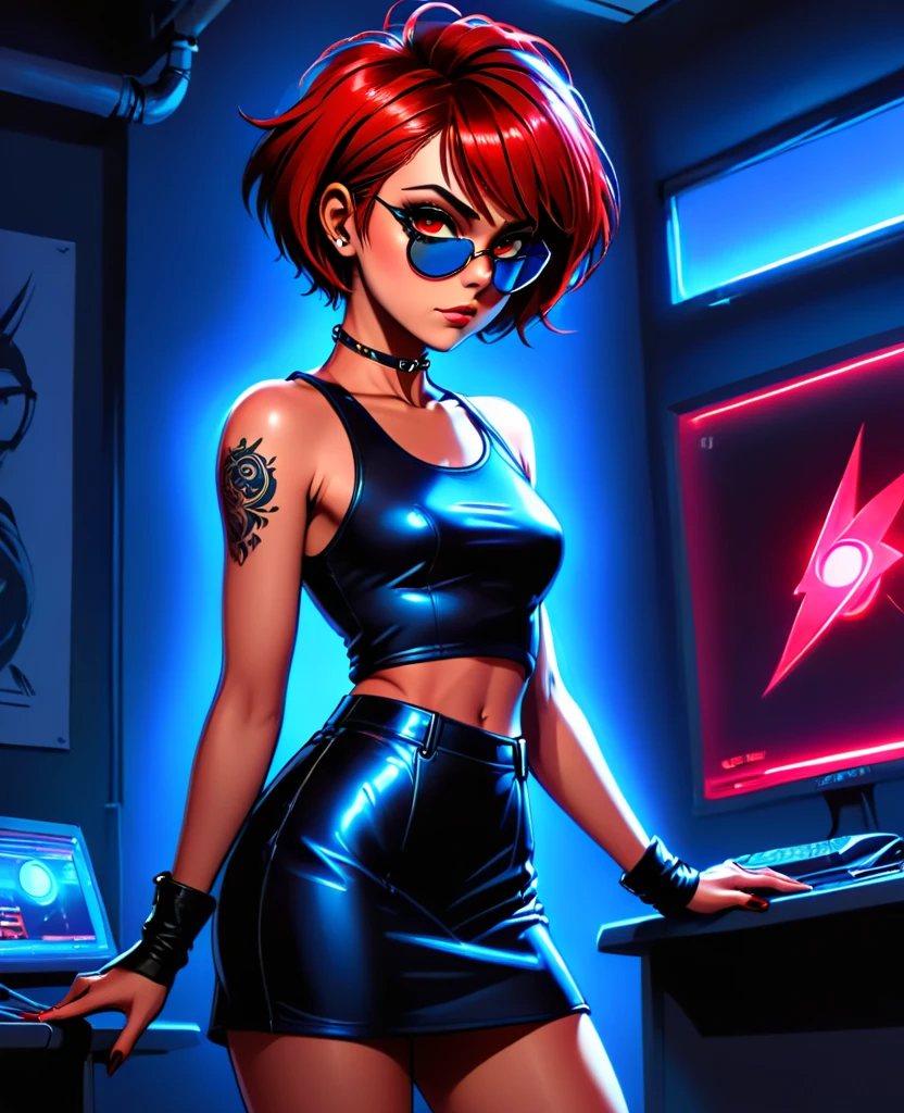 (In style of the 80s and 90s). anime female character, short colored hair, blue eye color, wearing sunglasses, short leather skirt, black tattoo on neck , in the hack room, digital painting "lighting": "dramatic red light, deep shadows", "resolution": "8K, ultra-detailed", (full length)