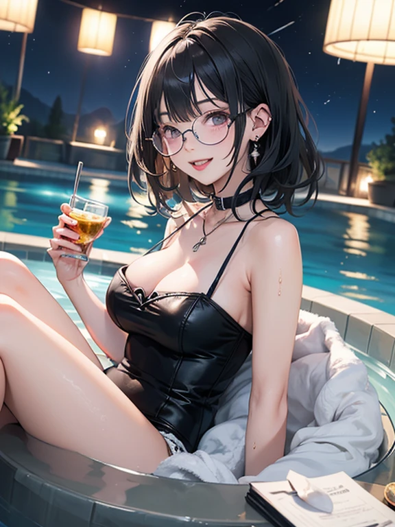 Highest quality,Highest Resolution,bath towel１Sheet,night,Very beautiful eyes,Big Breasts,Black Hair,hot spring,bath,no gravity,Glasses