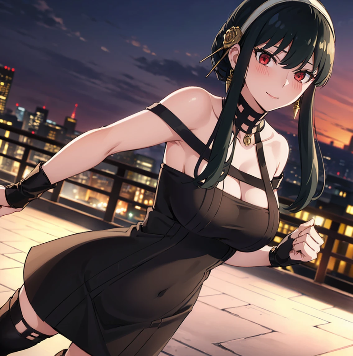 ((1girl)),((alone)),Yor forger,(masterpiece), (best quality), (ultra detailed), (best illustration), (best shadow), (absurdities), sharp focus, cowboy photo , mature woman, looking at viewer, big breasts, narrow waist, wide hips, wide thighs, round butt, dynamic posture, white headband, red eyes, black hair, short hair, hair with two long strands, gold earrings, jewelry, shoulders bare, collarbone, (golden headband, hair ornament, red eyes, short black hair, long locks, gold earring, choker, bare shoulders, black dress, tight dress, two-sided dress, black gloves, fingerless gloves, boots black, thigh-high boots, seductive smile, closed mouth, (sexy pose: 1.2), alone, standing: 1.3, on top of an apartment, leaning on a railing, city view, city lights, looking forward, ((focus on hips)), pov (from below), red blush, perfect anatomy, perfect hands