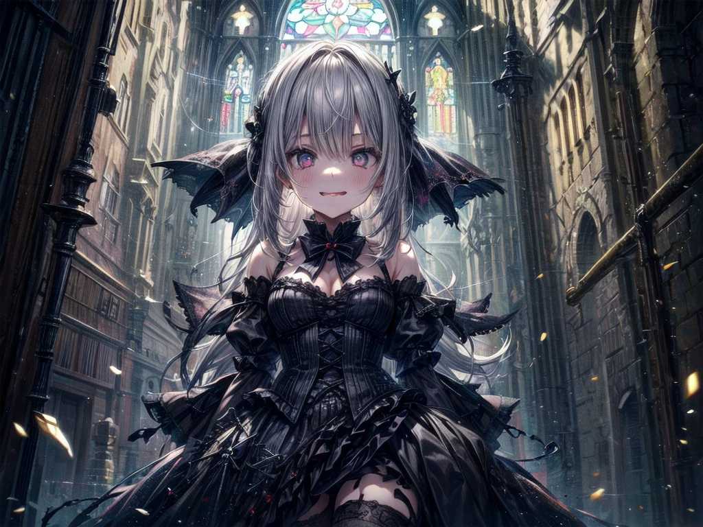One girl, masterpiece, View your viewers, illumination, Particles of light, Gray Hair, Torn clothing, crazy, Yandere, Psychopathic, crazy expression, Licking lips, The pupils constrict, crazy smile, crazy eyes, Conceit, Gothic architecture, Big window behind the girl, A charming Western alley、Gothic architecture、Western architecture、Fantasy World、