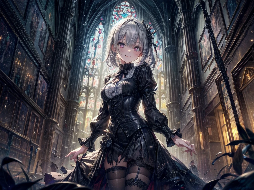 One girl, masterpiece, View your viewers, illumination, Particles of light, Gray Hair, Torn clothing, crazy, Yandere, Psychopathic, crazy expression, Licking lips, The pupils constrict, crazy smile, crazy eyes, Conceit, Gothic architecture, Big window behind the girl, A charming Western alley、Gothic architecture、Western architecture、Fantasy World、