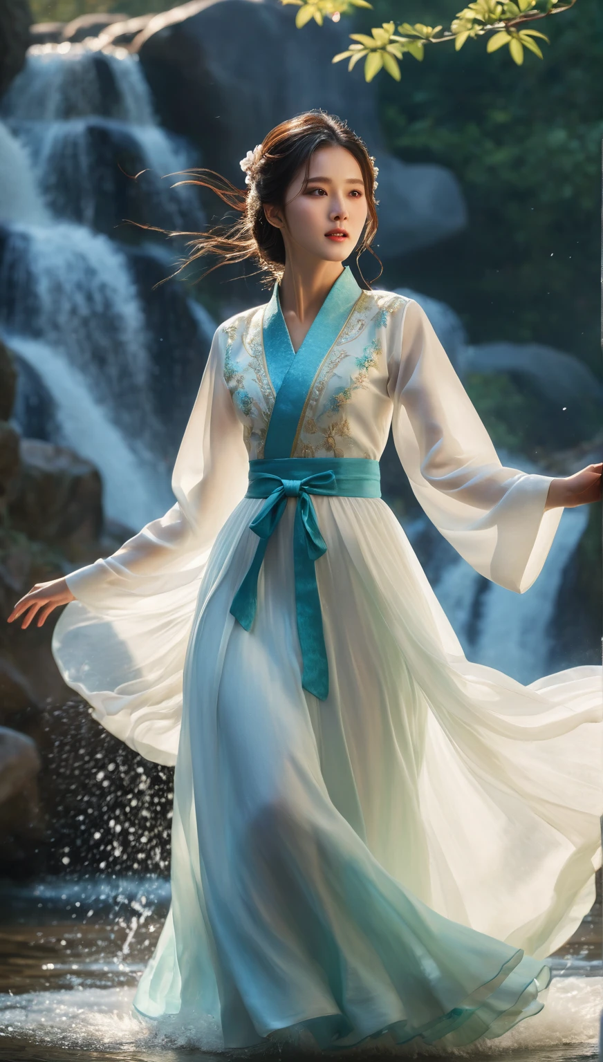 beautiful Korean woman, (((Mikamaria))), intricate pure white hanbok dress, spinning frantically, translucent stinging air particles on the hem of the dress ,Flying in the air like a Chinese movie,  (extremely detailed CG unity 8k wallpaper,masterpiece, best quality, ultra-detailed),(incredible lighting, dynamic camera angle),blue water splashing,stream, flowing water,watercolor, 70's retro filter, high-detail skin: 1.2) , 8K ultra-hd, DSLR, high quality, high resolution, 8K