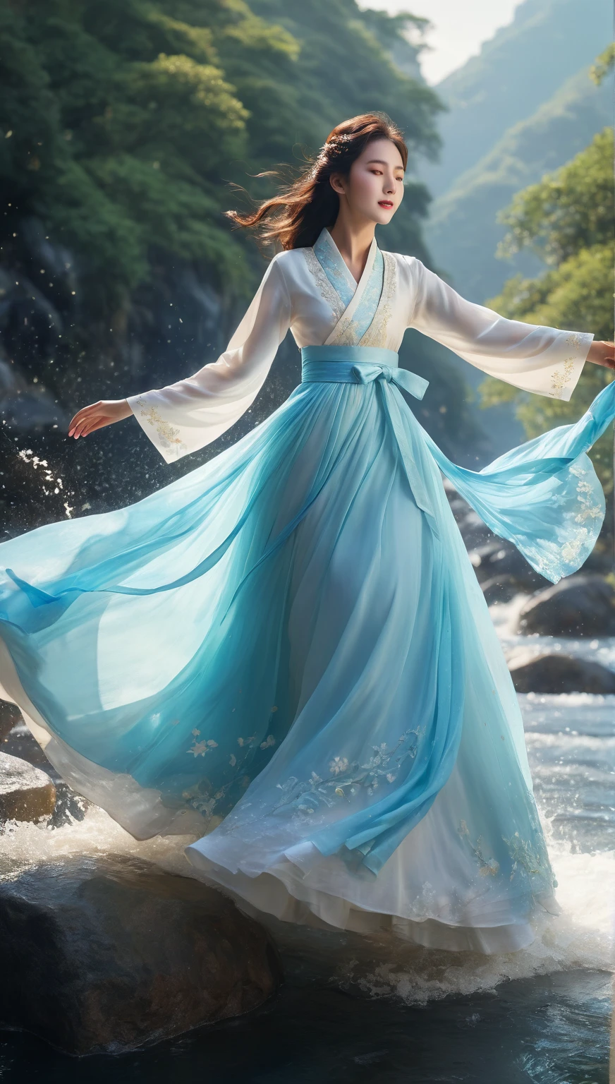 beautiful Korean woman, (((Mikamaria))), intricate pure white hanbok dress, spinning frantically, translucent stinging air particles on the hem of the dress ,Flying in the air like a Chinese movie,  (extremely detailed CG unity 8k wallpaper,masterpiece, best quality, ultra-detailed),(incredible lighting, dynamic camera angle),blue water splashing,stream, flowing water,watercolor, 70's retro filter, high-detail skin: 1.2) , 8K ultra-hd, DSLR, high quality, high resolution, 8K