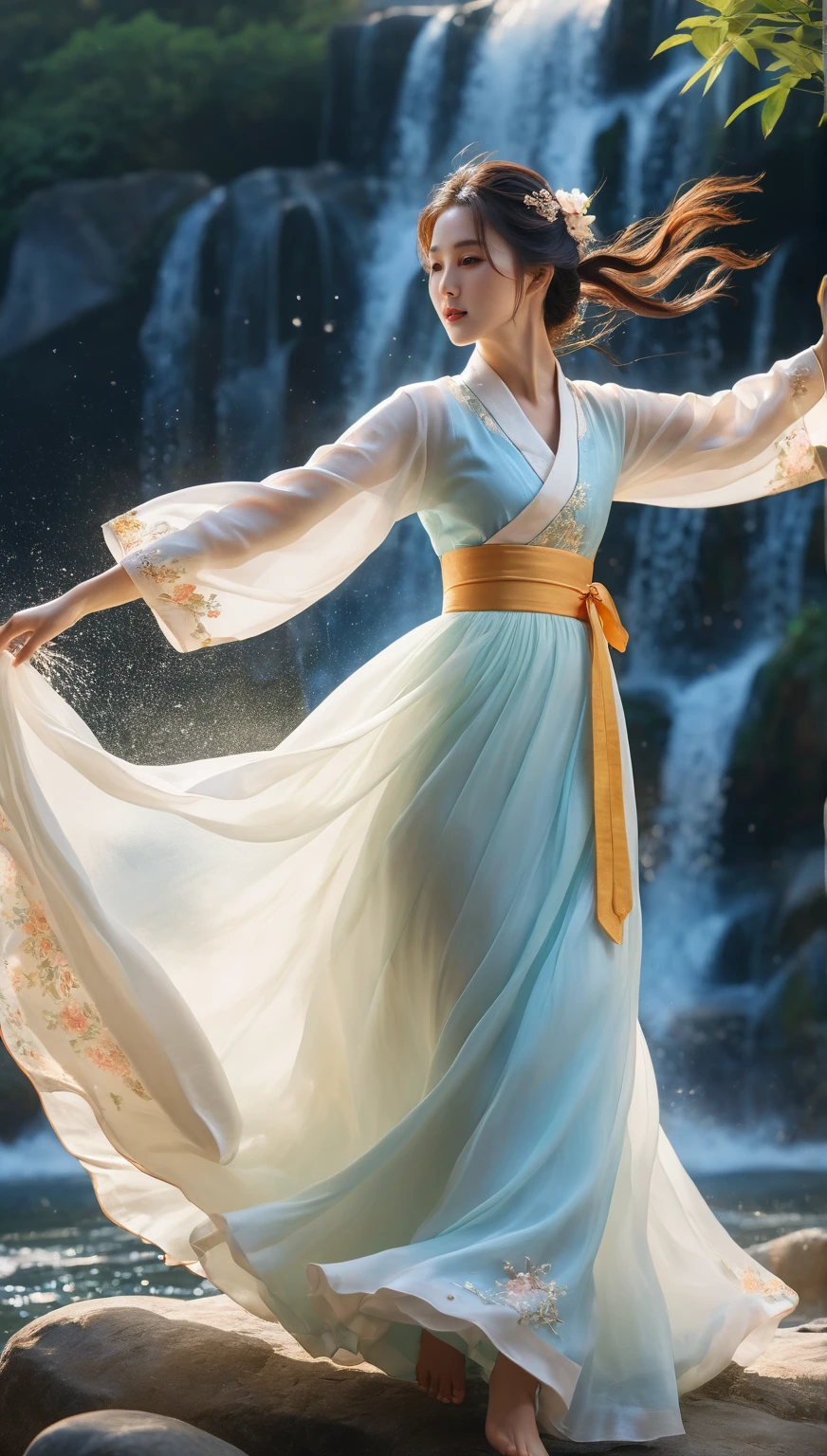 beautiful Korean woman, (((Mikamaria))), intricate pure white hanbok dress, spinning frantically, translucent stinging air particles on the hem of the dress ,Flying in the air like a Chinese movie, (extremely detailed CG unity 8k wallpaper,masterpiece, best quality, ultra-detailed),(incredible lighting, dynamic camera angle),blue water splashing,stream, flowing water,watercolor, 70's retro filter, high-detail skin: 1.2) , 8K ultra-hd, DSLR, high quality, high resolution, 8K