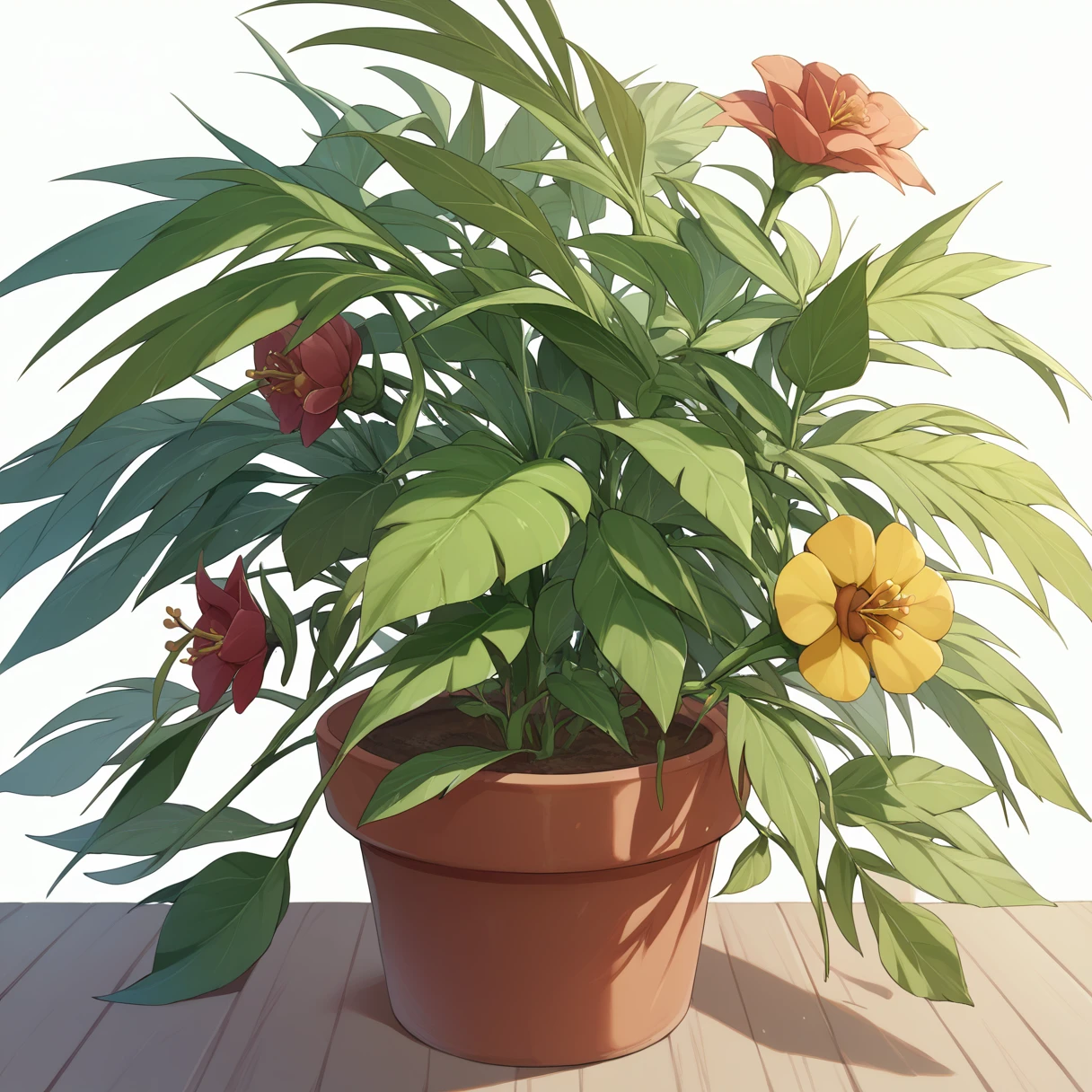 Ultra-detailed illustrations、Ultra-precise expression、masterpiece、Highest quality、ultra High resolution、High resolution、Hiromitsu Takeda Style、White background、Simple Background、Foliage plant、flower pot、