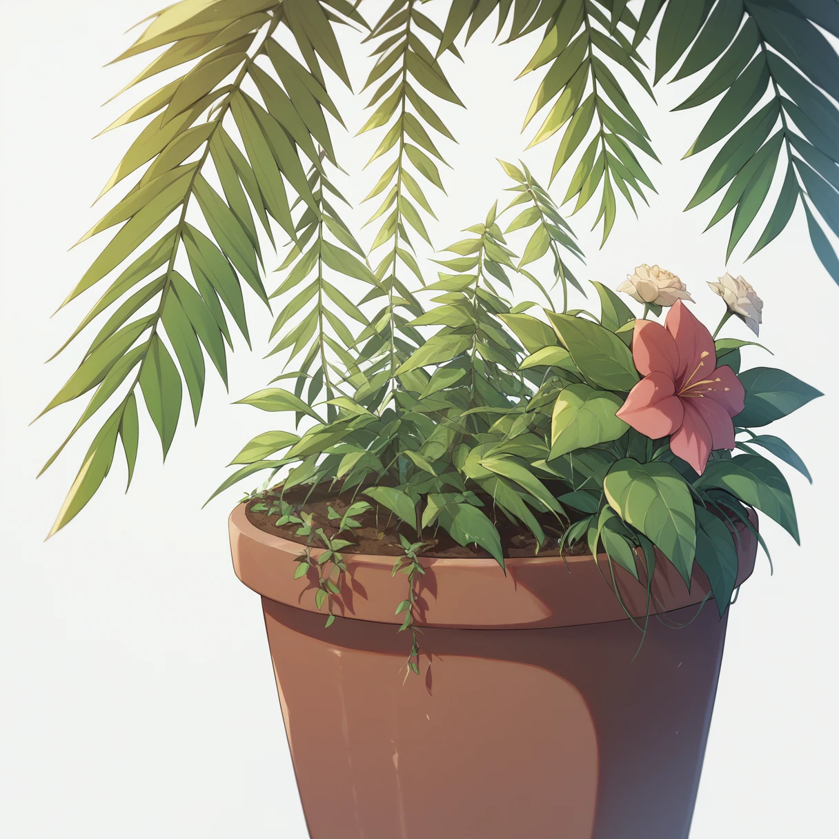 Ultra-detailed illustrations、Ultra-precise expression、masterpiece、Highest quality、ultra High resolution、High resolution、Hiromitsu Takeda Style、White background、Simple Background、Foliage plant、flower pot、