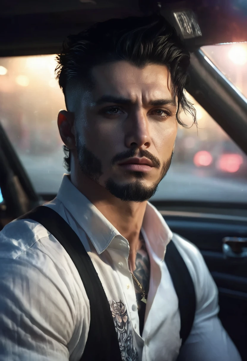 1 man, inside a clandestine race track, wearing a white shirt, detailed facial features, beautiful male eyes, detailed light skin, medium black hair, no beard elsewhere, smooth face in fur, strong expression, tattoos on the body, dramatic lighting, composition cinematic, cold color palette and dark colors, atmospheric fog, strong chin, manly man, night, (best quality, 4K, 8K, high resolution, art: 1.2), ultra-detailed, (realistic, photorealistic, photorealistic: 1.37)