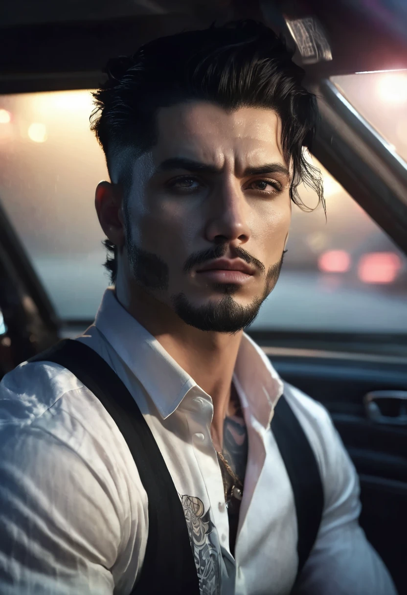 1 man, inside a clandestine race track, wearing a white shirt, detailed facial features, beautiful male eyes, detailed light skin, medium black hair, no beard elsewhere, smooth face in fur, strong expression, tattoos on the body, dramatic lighting, composition cinematic, cold color palette and dark colors, atmospheric fog, strong chin, manly man, night, (best quality, 4K, 8K, high resolution, art: 1.2), ultra-detailed, (realistic, photorealistic, photorealistic: 1.37)